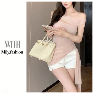 Milyfashion Mai Màu Hồng Một Vai Nhẹ Nhàng Nẹp Xếp Ly Off-Soulder Pure Desire Slim-Fit T Short Top Nữ