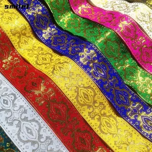 Viền vải hoa Boho dân tộc SMILE, Viền vàng đen trắng Ruy băng vải dệt Jacquard, Phụ kiện ren vàng phẳng Viền họa tiết hình học truyền thống
