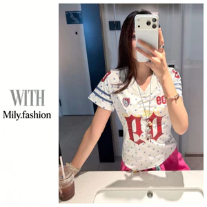 Milyfashion Cotton Retro Chấm Bi Ngôi Sao In Mùa Hè 2026 Phong Cách Mới Cổ Chữ V Trang Trọng Vai Slim-fit Áo Thun Jersey Phù Hợp Với BSRG