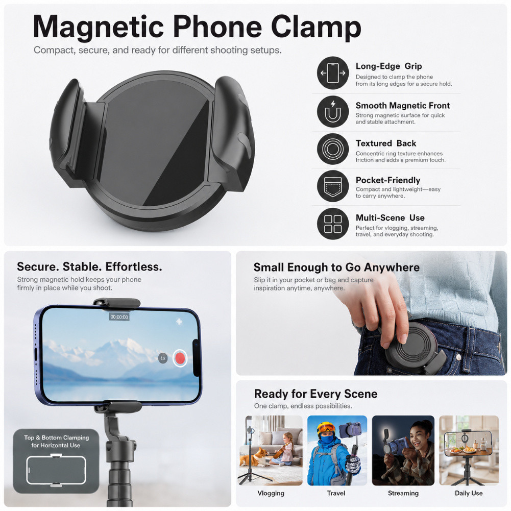 INOVAGEN IPC01 Kẹp giữ điện thoại từ tính Đa năng 54-105mm Kẹp kẹp cạnh dài cho chân máy Selfie Stick Vlog Chụp trực tiếp