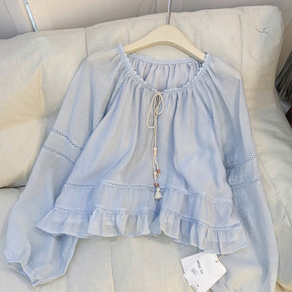 Áo Kiểu Babydoll Nữ Tay Dài Tay Phồng Cổ V Rút Dây Phối Ren Bèo Nhún Form Rộng Hàn Quốc