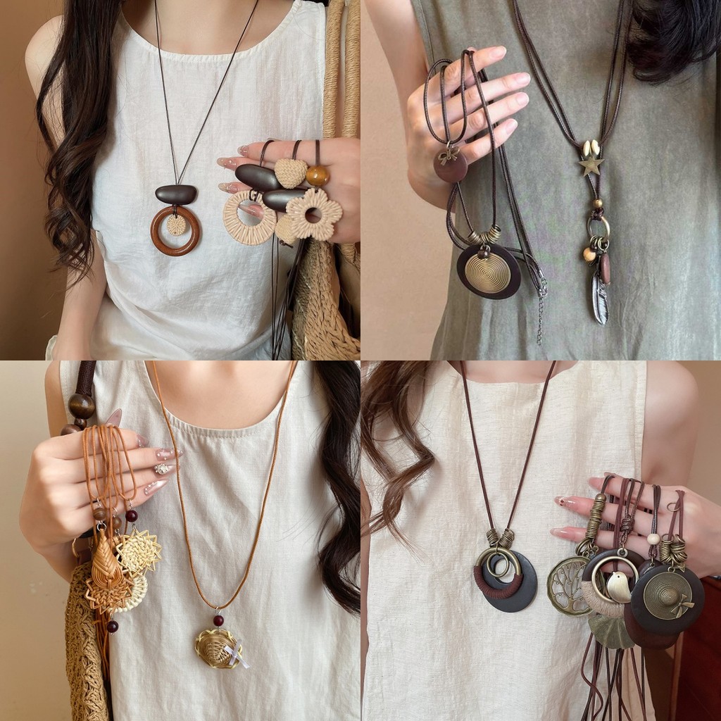 Vòng cổ Bohemian Mặt dây chuyền dài với dây da hạt gỗ, Tùy chọn đa phong cách, tông màu cổ điển, trang sức kỳ nghỉ đi biển có thể điều chỉnh cho nữ
