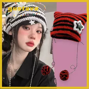GUSTAVA Star Devil Hat, Sọc Y2K Mũ Beanie Y2K Dễ Thương, Tai Mũi Nhọn Chui Đầu Đan Mũ Len Thu Đông