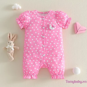 Bộ áo liền quần cổ tròn tay ngắn cho bé gái Áo liền quần in hình trái tim phía trước