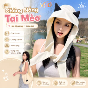 Mũ Chống Nắng Tai Mèo Dễ Thương – Trùm Đầu Che Kín Cổ Chống Tia UV, Vành Rộng, Có Thể Dùng Làm Túi Đeo Chéo
