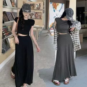 Hot Girl Top + Váy dài chữ A Bộ đồ hai mảnh Drape Phiên bản eo cao Bộ du lịch hàng ngày mùa hè Quần áo nữ