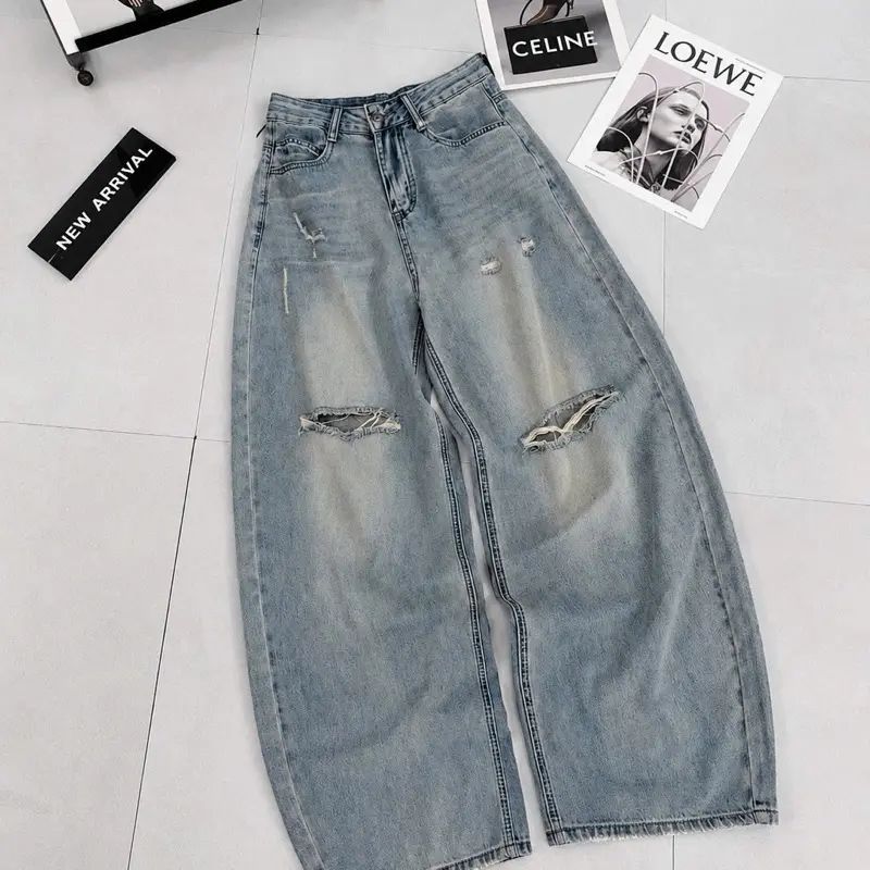 Quần Jean Nữ Suông CHEZI HOUSE Wash Rách Nhẹ Xanh Ánh Mài Vải Jean Mềm Dài 102cm Cao Cấp  #8660 Phom Ống rộng Hack Dáng.