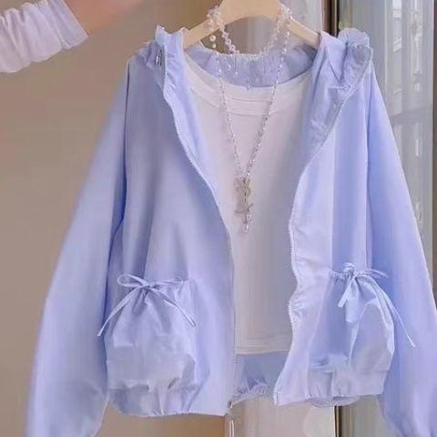 [Giảm giá trong thời gian có hạn] Áo khoác chống nắng có mũ trùm đầu ren mỏng mùa hè thời trang Thiết kế nơ bỏ túi mỏng hơn