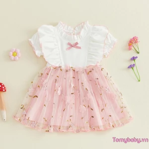 Váy mùa hè cho bé gái Lưới thường ngày in hình lá hoa xù trang trí ngắn tay Váy chữ A
