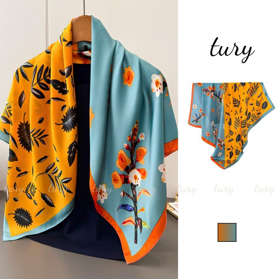 Khăn Lụa Nữ - Tury - Khăn Lụa Vuông 90x90cm Nữ Họa Tiết Hoa Lá Chia Đôi Phong Cách Mùa Hè - K9088