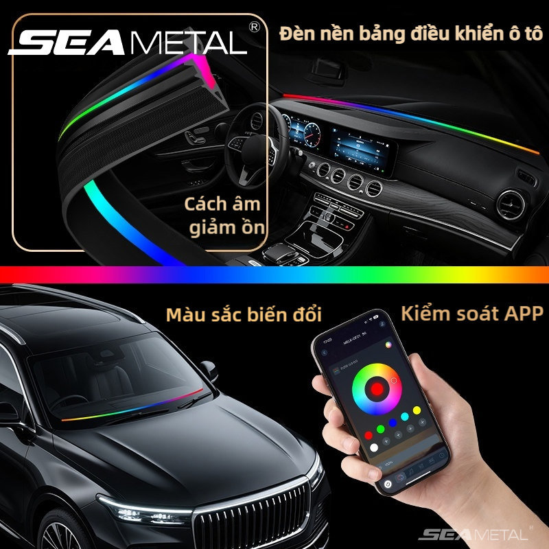Dải đèn LED viền bảng điều khiển ô tô SEAMETAL dài 1,5 mét, đèn trang trí đa chức năng RGB, dải đèn LED đa chế độ giảm tiếng ồn và chống bụi
