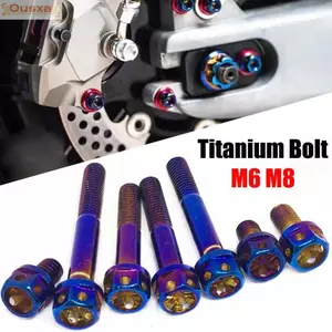 Bu lông titan OUSXA, Mặt bích titan 10 / 15 / 20 / 25 / 30 / 35 / 40 / 45 / 50 / 60 M6 M8, Chất lượng cao có lỗ khoan Bu lông đầu lục giác màu xanh xe máy