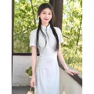 Đầm Sườn Xám Hiện Đại Màu Xanh Nhạt - Váy Cổ Tàu Đi Tiệc,Đi Chơi Cực Xinh