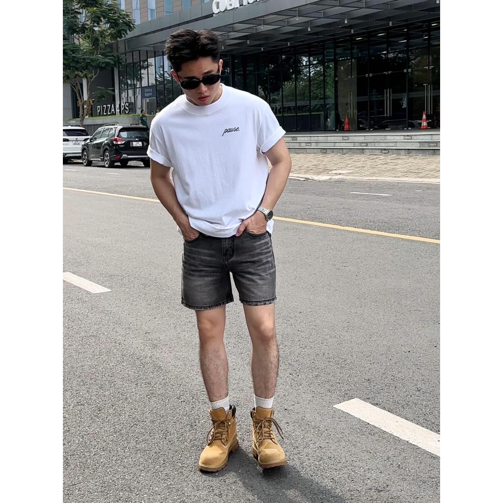 Quần Short Jean Nam DIN Thêu, Quần Xám Bạc Nam Tính Form Trên Gối Thoải Mái, Phong Cách Street Wall Cá Tính JD443