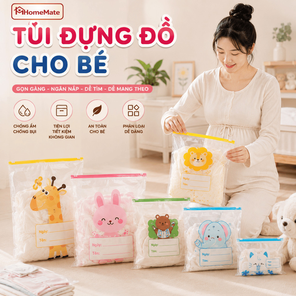 Túi Zip Đựng Đồ Đi Sinh Cho Mẹ Và Bé HomeMate, Túi Đựng Quần Áo Tã Bỉm Du Lịch Chống Nước Combo 20