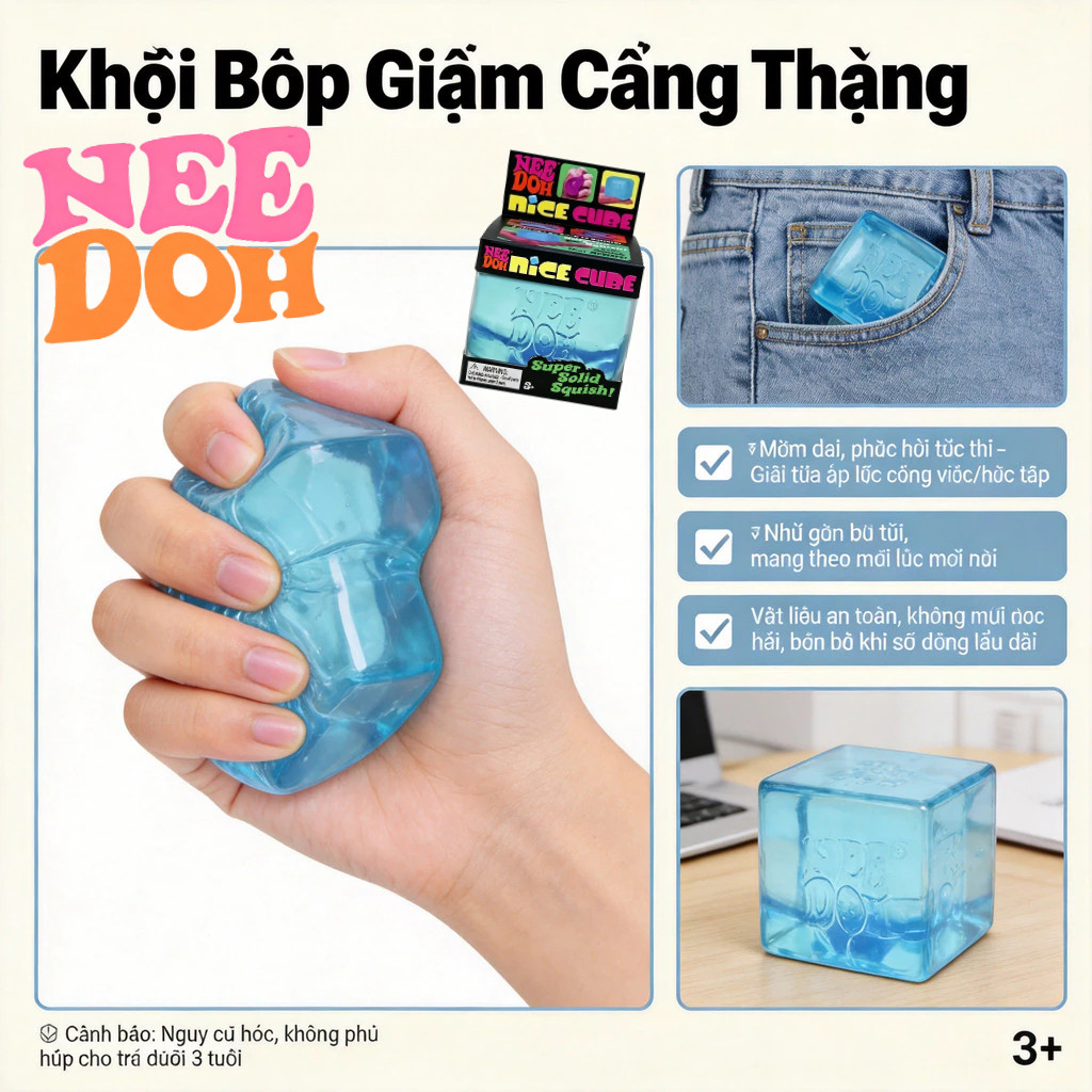 NeeDoh Nice Cube, đồ chơi bóp cảm giác, tập trung học tập làm việc, người lớn trẻ em, an toàn silicone 3 tuổi+ Quà 1/6