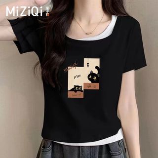 [MIZIQI] Áo thun ngắn tay hai mảnh giả mơ ước dành cho nữ, Áo thun ngắn in hình mèo con mùa hè