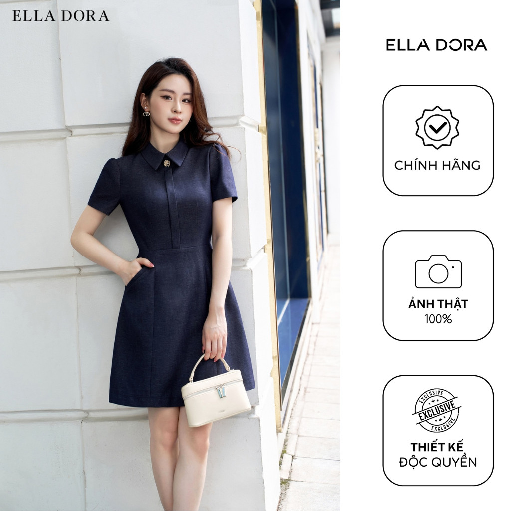 Đầm công sở ELLA DORA thiết kế 1 cúc đồng dáng ngắn thanh lịch hiện đại dễ mặc màu XANH ĐẬM [D245]