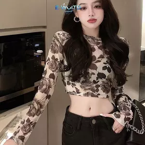 E-WOITD Thu Đông Nữ Retro Hoa Tròn Ne Áo Thun Dài Tay Slim Crop Top E-WOITD