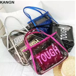 Túi đi biển mùa hè KANGN, có túi trang điểm Túi đeo vai nữ dung tích lớn, dây kéo thời trang Túi thạch trong suốt PVC màu trơn
