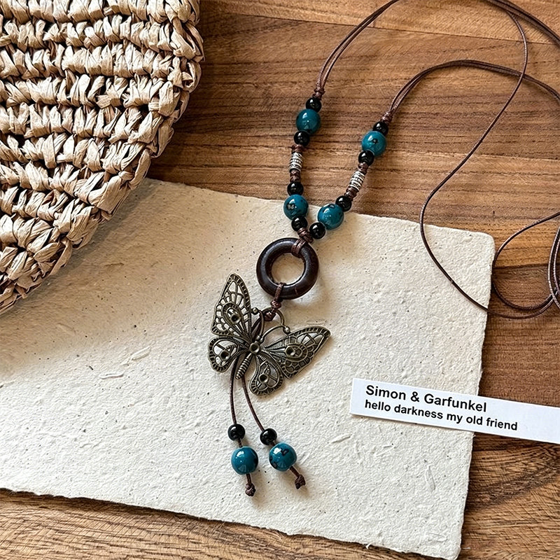 Vòng cổ dài lá bướm Bohemian, Dây có thể điều chỉnh với hạt ngọc lam & gỗ, Trang sức phong cách dân tộc cổ điển dành cho nữ