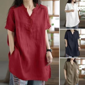 Mùa Xuân Cotton Kích Thước Lớn Rời Mỡ MM Nút Xoắn Thời Trang Cổ Chữ V Tay Ngắn Màu Trơn Áo Thun Nữ 23575.26