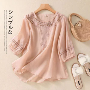 2025 Văn Học Retro Vải Lanh Cotton Đẹp Thêu Tay Ngắn Mùa Xuân Nửa Tay Phong Cách Trung Hoa Kích Thước Lớn Rời Top Nữ 5.26