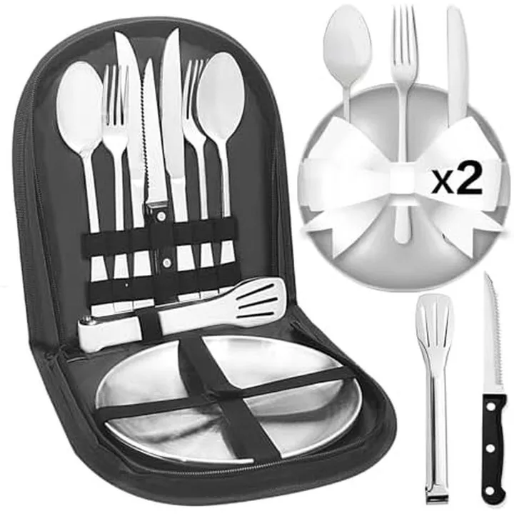Bộ đồ ăn cắm trại 2 / 4 người, 11 / 21 miếng Phụ kiện cắm trại Bộ dao kéo cắm trại Phụ kiện dã ngoại bằng thép không gỉ có dụng cụ mở chai, Dao bít tết, Đĩa dao nĩa thìa cho Ca