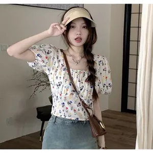 Áo sơ mi ngắn tay cổ vuông ngọt ngào Hàn Quốc dành cho nữ mùa hè lưng ngắn không dây