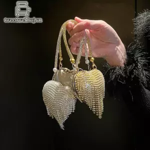Tweeduj Sang Trọng Nhỏ Bling Hình Trái Tim Kim Cương Giả Dạ Hội Ly Hợp Ví Nữ Túi Thời Trang Nữ Dây Xích Túi Đeo Vai Đảng Quà Tặng VN