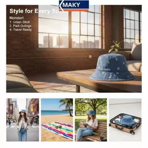 Mũ Buet Denim đã giặt MAKY phong cách cổ điển có vành rộng để chống nắng phong cách VN