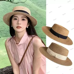 Mũ chống nắng PYCOU, Mũ rơm thuyền vành rộng ruy băng vuông, Mũ đi biển chống tia cực tím