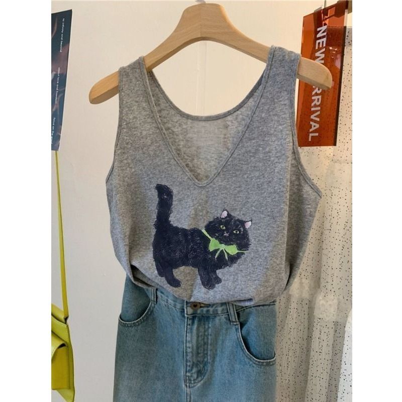 [Khuyến mãi trong thời gian có hạn] Áo yếm cổ chữ V Cotton hoạt hình cỡ lớn dành cho nữ mùa hè không tay thường ngày