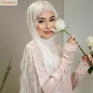 Khăn choàng chống nắng OUSXA, Khăn lụa sáng màu trơn, Khăn voan dài có độ đàn hồi cao Ruffled Edge Ramadan Khăn dài ngoài trời