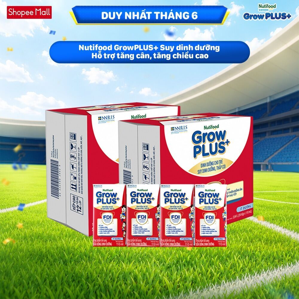 Thùng SBPS Nutifood GrowPLUS+ ít đường Suy Dinh Dưỡng - Tăng Cân, Tăng Chiều Cao (48 Hộp x 110ml) (Bao bì tùy lô hàng)