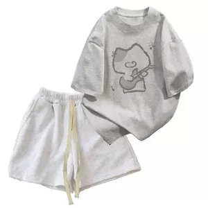 sét bộ nữ Quần đùi cộc màu XÁM TIÊU dáng ngắn dây bản to + mix phông mèo đánh đàn -quanaounisex994