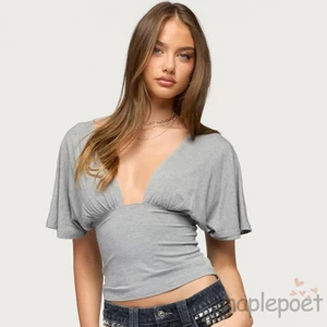MAPLEPOET-Áo cổ chữ V sâu dành cho nữ Slim Fit Áo thun ngắn tay thắt lưng