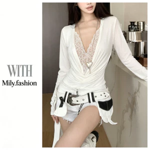 Milyfashion Sâu Cổ Chữ V Khâu Ren Dài Tay Xuân Hè Mặc Bên Ngoài Slim fit Nẹp Áo Liền Quần Hot Girl