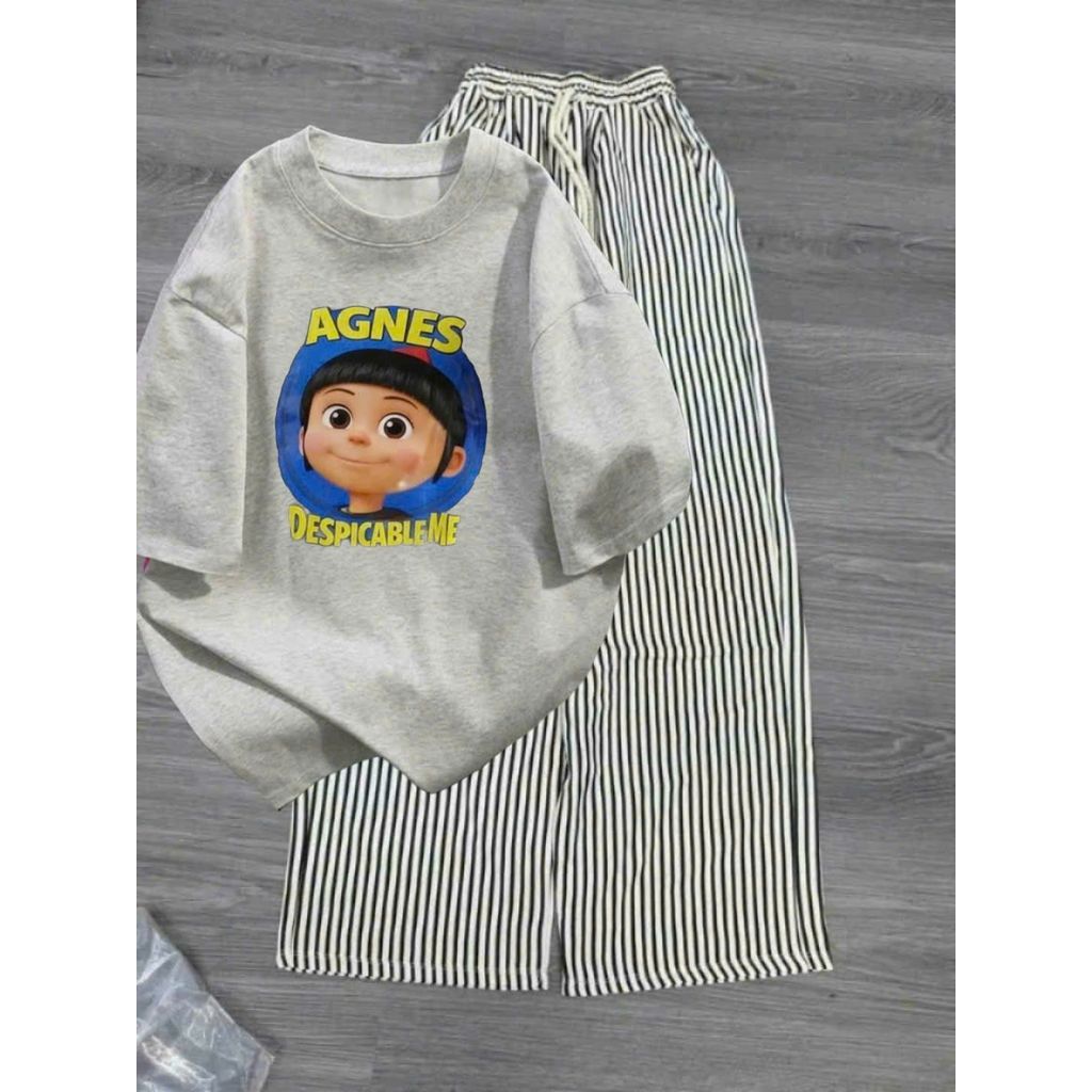 Sét bộ quần dài đũi xốp kẻ vằn dáng dài +  mix áo phông ANNNES form rộng unisex thanh lịch-thoitrangthubio