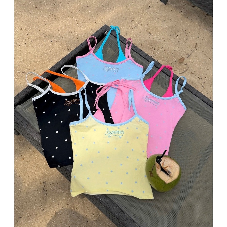 Calem.Club - Áo 2 dây nữ Bling Top chữ summer đính đá, in ngôi sao, có dây buộc cổ, form ôm co giãn, style Y2K Hàn Quốc | BigBuy360 - bigbuy360.vn