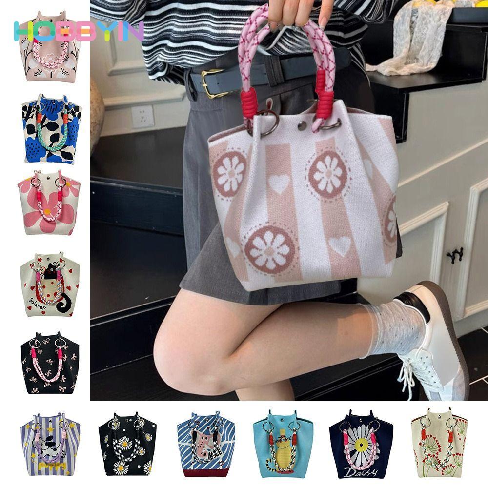 HOBBYIN Túi Đeo Vai HOBBYIN, Túi Xô Dệt Kim Dung Tích Lớn Handmade, Túi Xách Khóa Vòng Dệt Hoạt Hình Thời Trang Cho Nữ Bé Gái