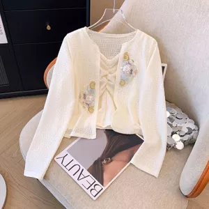 Hai Mảnh Mới Phong Cách Trung Hoa Thêu Cardigan Nữ Xuân Hè Sling Chống Nắng Áo Sơ Mi Phong Cách Phương Tây Giảm Tuổi Thoáng Khí Dài Tay Top Nữ