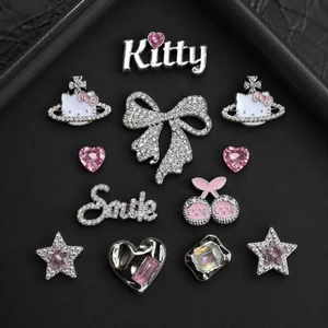 Set Charm Hello Kitty Diamond Luxury Cao Cấp, Bộ Charm Đính Đá Hồng Bạc Sang Trọng Kawaii Trang Trí Dép