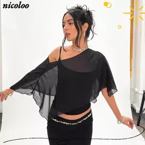NICOLOO Camisoles màu đen, Áo ba mảnh mùa hè mỏng hai mảnh, Dạo phố Lưới đeo vai thiên vị Cắt viền xù Trang phục Vest Corset cho nữ Hottie Girls