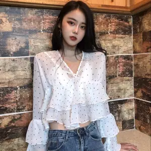 Áo sơ mi voan cổ chữ V xù ngọt ngào phong cách Hàn Quốc Áo sơ mi voan cổ chữ V trong suốt dáng rộng tay áo Trumpet