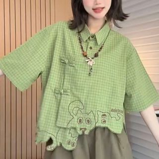 Dễ Thương Sáng Tạo Viền Mèo Thêu Áo Sơ Mi Tay Ngắn Hoạt Hình Ngoại Vi Không Đều Placket Rời Thường Ngày Nữ Top