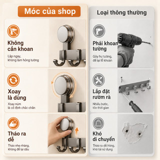 Móc treo quần áo nhôm chống gỉ hút chân không, lắp đặt dễ dàng không cần khoan