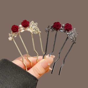 Năm Mới Màu Đỏ Đổ Xô Hoa Hồng Kẹp Tóc Chèn Lược Nữ Đầu Lưng Cô Dâu Hình Chữ u Kẹp Tóc Đầu Bóng Cố Định Dụng Cụ Tiện Dụng