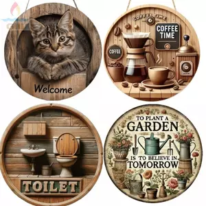 GILL Treo Dấu Hiệu Bằng Gỗ, Cửa Treo Mặt Dây Chuyền Ma Thuật Ký Cà Phê, Vintage 2D Flat Tròn Mèo Chào Mừng Ký Hiệu Văn Phòng