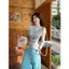 Áo thun ngắn tay gạc xanh ngọt ngào Hàn Quốc dành cho nữ mùa hè Slim-Fit Thiết kế đẹp Top nhỏ độc đáo